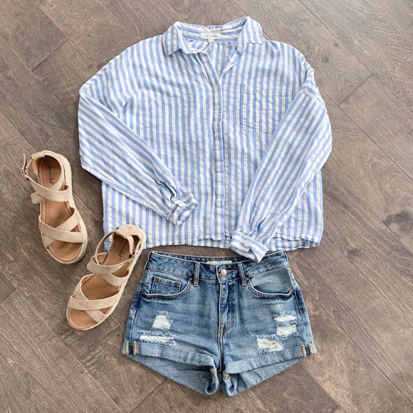 La Hearts Tops - LA Hearts Blue & White Striped Button Down Shirt